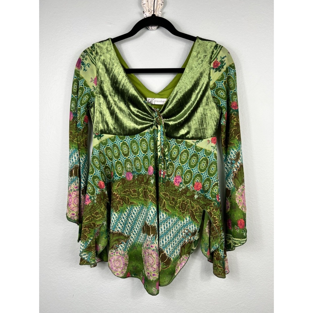 Dressbarn Women's Floral Top Green Metallic Gold Tie Front Flare‎ Sleeve Fairy